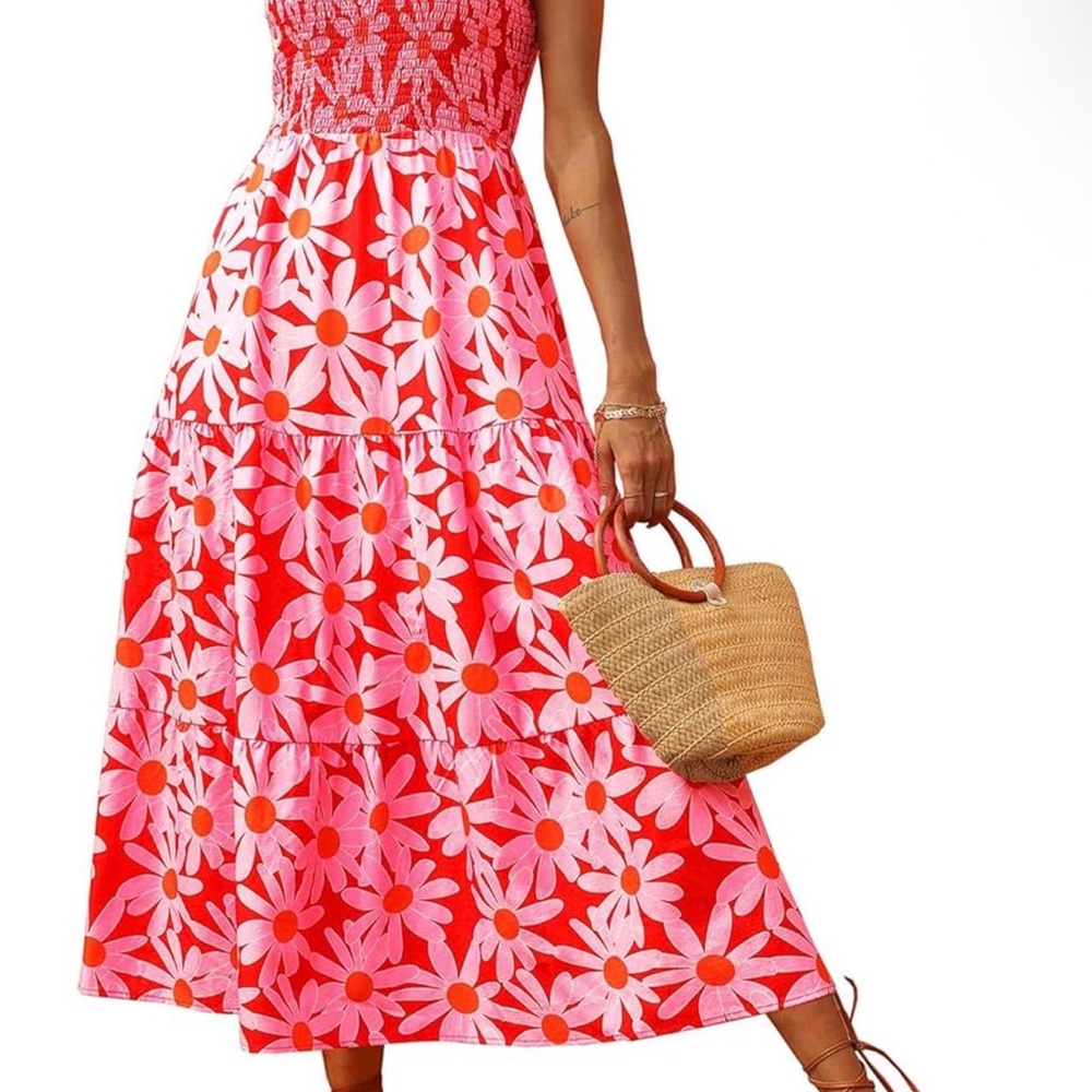 Floral Red and Pink Maxi Dress one shoulder smocking lined small wedding